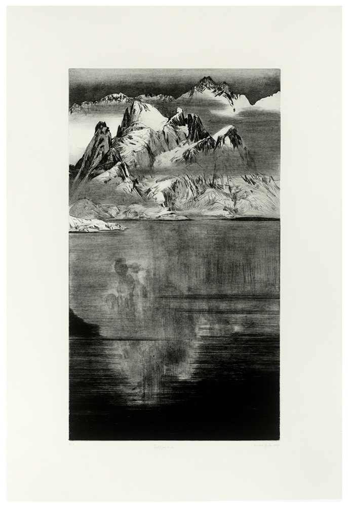 »Trollfjordtindan«, 2009 Kaltnadel / Aquatinta / Pinselätzung / Schabaquatinta 70 × 40 cm / 107 × 87 cm