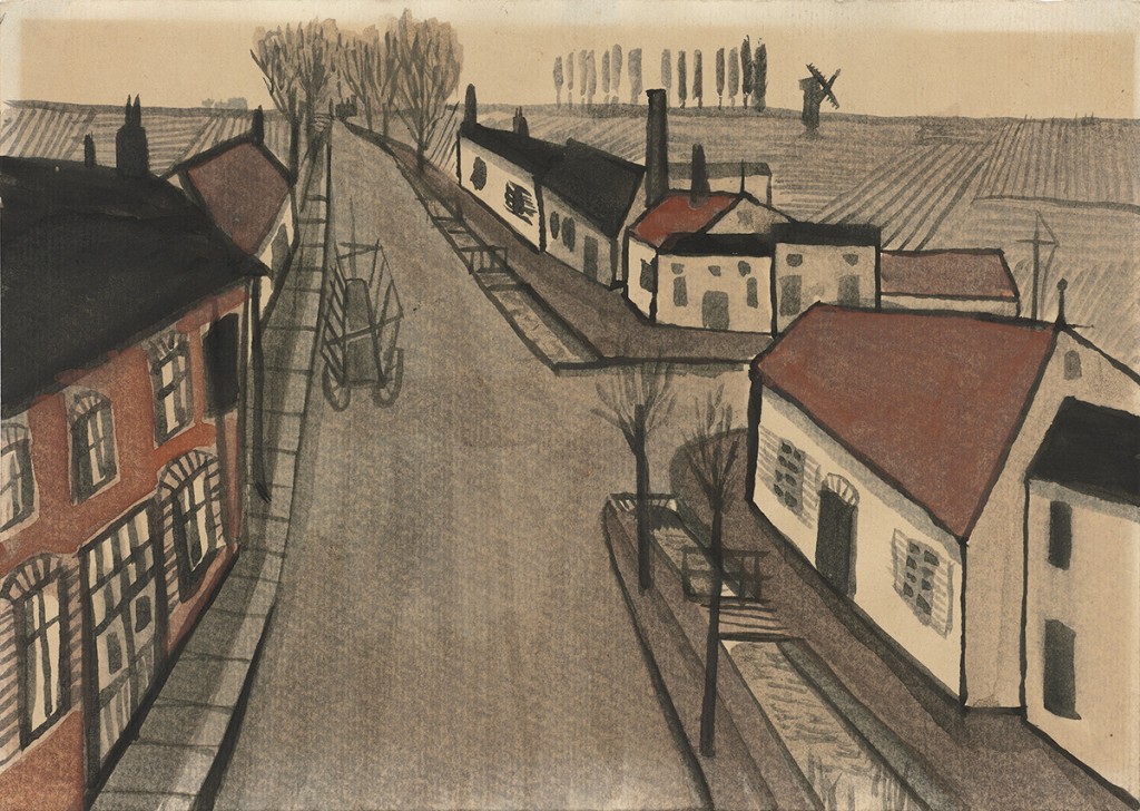 »Dorfstraße«, um 1958, Aquarell und Tusche, 14,8 × 20,9 cm