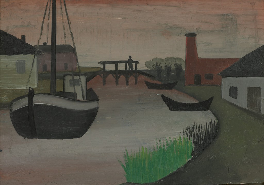 »Landschaft mit Spaziergänger auf Brücke, Häusern und Booten«, o.J., Öl auf Hartfaser, 36 × 53 cm