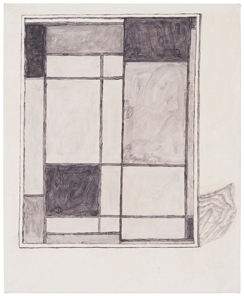 »Mondrian«, 2014, Papier, Klebeband und Wasserfarbe auf Leinwand, 56 × 46 cm