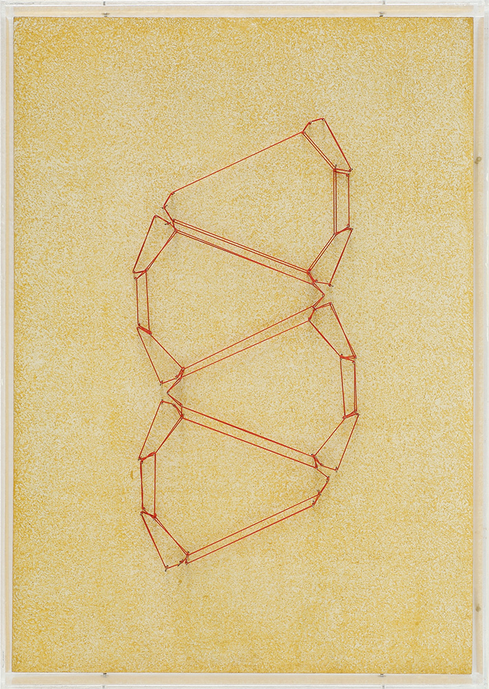 »Kristallregal (Nr. 13)«, 2000/2006, Holz, farbig gefasst, Faden, Stahlstifte, Plexiglas, 43,7 × 31,1 cm