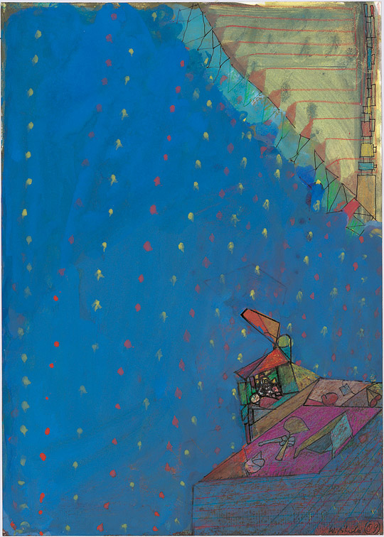 »Schlucht, blau, mit gelben und roten Punkten«, 2009, Mischtechnik, 41,7 × 29,5 cm