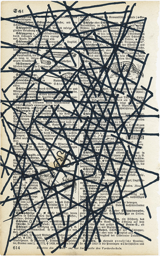 Überzeichnung, 2019, Lexikonseite/Permanentmarker, 20,8 × 13 cm