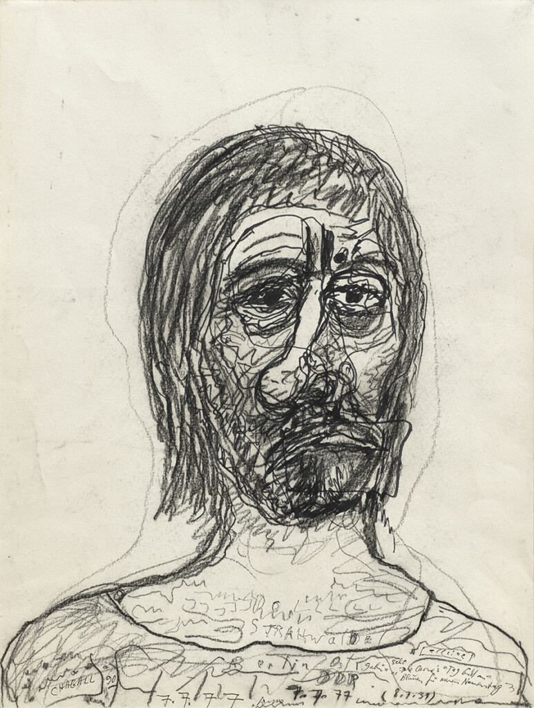»o.T. (alleine, 7.7.77)«; 1977; Kohle, Filzstift, Kugelschreiber auf Karton; 48 × 36 cm (Foto: Herbert Boswank)